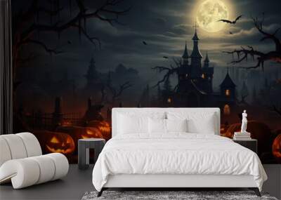 Spooky halloween pumpkins in night. Halloween background with jack o lantern in moonlight. Created with Generative AI Wall mural