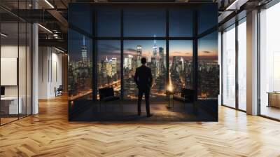 Successful businessman looking out from window on night city. Man in office at night. Created with Generative AI Wall mural