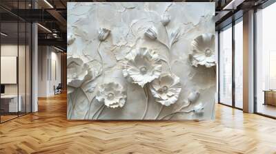 Texture of plaster with poppy flowers. Detailed stucco relief with floral designs in classical style Wall mural