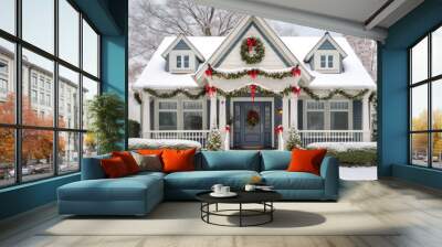 Traditional american residential house with festive garlands lights and Christmas decorations. Suburban neighborhood at winter holidays season. House facade at snowy street on Christmas eve Wall mural