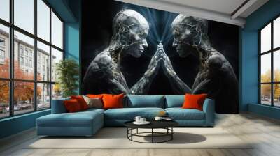 Two spiritual human bodies on dark background. Souls connection. Created with Generative AI Wall mural