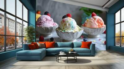 Vegan ice cream balls in bowl on the table. Healthy organic food Wall mural