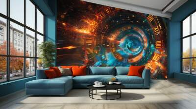 Vibrant abstract tunnel in space showcasing concept of relativity. Time-warp tunnel illustrating the impact of speed and gravity on the passage of time Wall mural