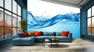 Water splashes and drops isolated on transparent background. Abstract background with blue water wave Wall mural