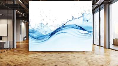 Water splashes and drops isolated on white background. Abstract background with blue water wave Wall mural