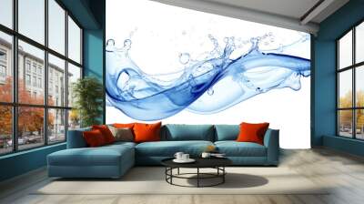 Water splashes and drops isolated on white background. Abstract background with blue water wave Wall mural