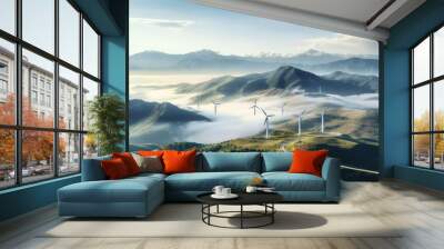 Wind farm. Wind generators in mountain landscape. Development of renewable energy sources Wall mural