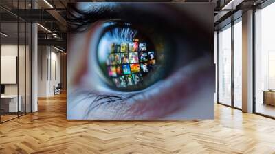 Woman's eye reflecting grid of social media feeds and pictures . Concept of online content consumption and technology influence Wall mural