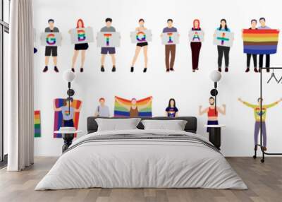 LGBT community. Group of happy people at LGBTQ pride with flags. Sexual freedom and love diversity concept. Gays, lesbians and queer people. Flat vector illustration isolated on white background  Wall mural