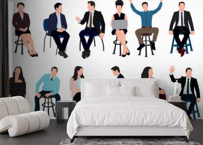 Set of business people sitting, men and women full length, business people sitting on chair and stool. Inclusive business concept. Vector illustration isolated on transparent background. Wall mural