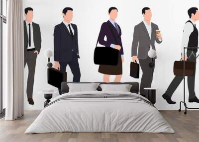 Set of business people walking with hand bags, men and women in full length and side view. Vector illustration isolated of businesspeople on white background Wall mural