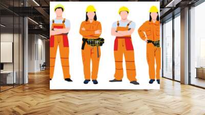 set of industrial men and women worker in orange uniform characters on white background. Builder repairing, construction.  Wall mural