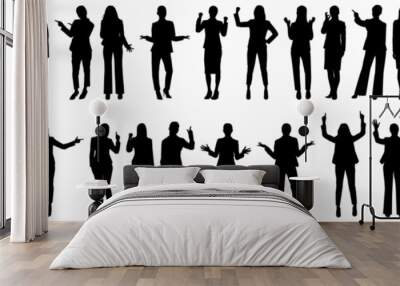 silhouettes of women, a group of standing business people, black and white color isolated on white background Wall mural