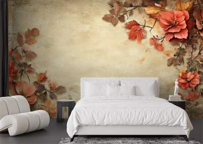 Beautiful vintage wallpaper featuring vibrant autumn flowers and leaves on a soft, textured background in warm hues evoking a cozy autumn atmosphere Wall mural