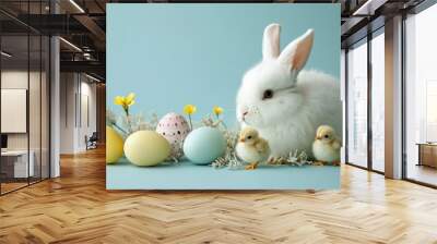 Cute easter bunny with colorful eggs and spring flowers on pastel background. Easter celebration greeting card concept Wall mural