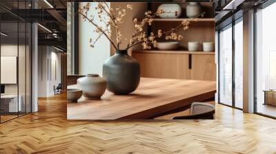 Dining room interior with natural wooden table in trendy minimal japandi style Wall mural