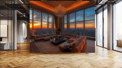 Luxurious penthouse living room with sunset views over the city skyline Wall mural