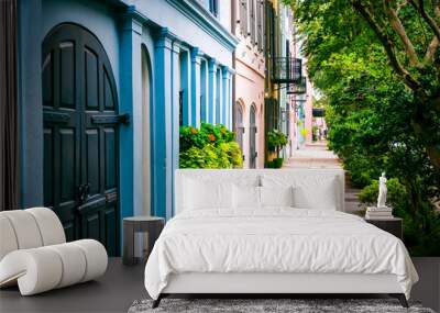 Empty sidewalk view of lush summer greenery lining the colorful Georgian architecture of the colonial Rainbow Row in the historical Battery neighborhood of Charleston, South Carolina, USA Wall mural