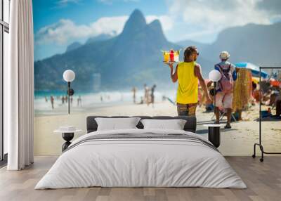 Scenic afternoon view of Ipanema Beach with Two Brothers Mountain in Rio de Janeiro, Brazil Wall mural