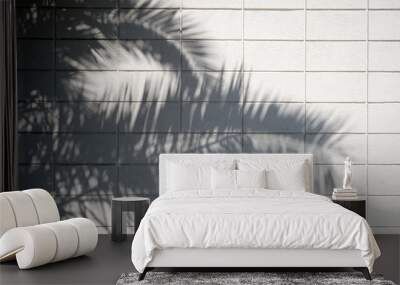 Tropical background of simple shadows of the fronds of a palm tree arching across a white tile wall of copy space Wall mural