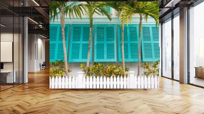 View of charming colorful window shutters framed by tropical palm trees and a white picket fence on a residential street in Key West, Florida, USA Wall mural