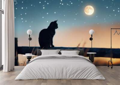 A silhouette of a cat sitting on a fence, gazing at a full moon and a sky full of stars on a peaceful night. Wall mural