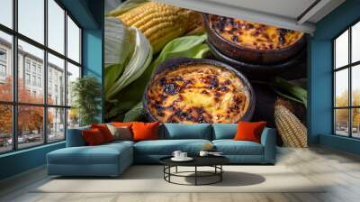 Latin American Corn pie. Chilean Pastel de Choclo in clay bowl Wall mural