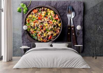 Mexican black bean corn quinoa salad in clay bowl top view, copy space Wall mural