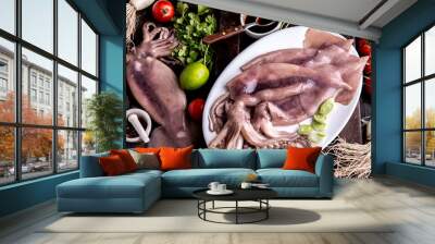 Raw squid calamary on white plate with ingredients for cooking korean BBQ squid. Top view Wall mural