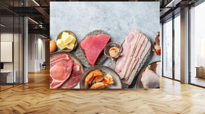 Selection food for CARNIVORE DIET. Seafood, Meat, megs and fat. Zero carbs diet concept Wall mural