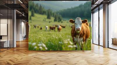 Cow eating grass on a green meadow Wall mural