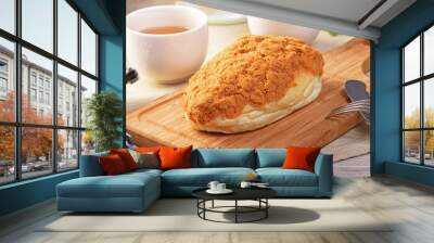 Pork floss bread on wooden tray   Wall mural