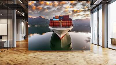 boat in the sea, wallpaper lake and mountains, boat on the water sunset, container ship in the port, Freight Forwarding Service, Container ship or cargo shipping business logistic import and export Wall mural