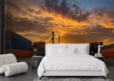 cargo container cargo freight ship, Dramatic Sunset Over Industrial Shipping Container Yard, Global Trade and Transport Hub. Wall mural