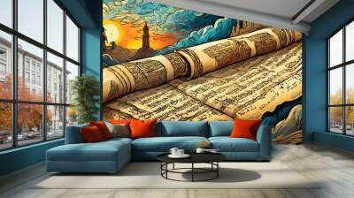 old book with a ornament, old books and money,  a scroll and two candles on a table, a storybook illustration Wall mural