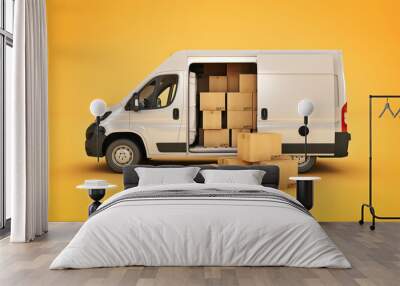 commercial delivery vans with cardboard boxes. 3d rendering Wall mural