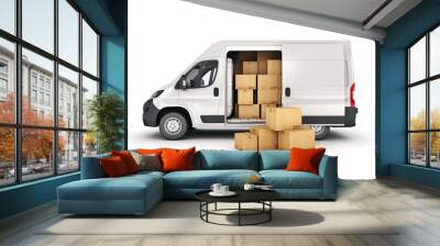 commercial delivery vans with cardboard boxes. 3d rendering Wall mural