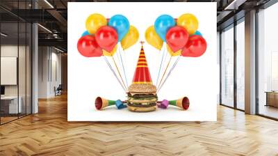 Hamburgers with party hat. 3d rendering Wall mural