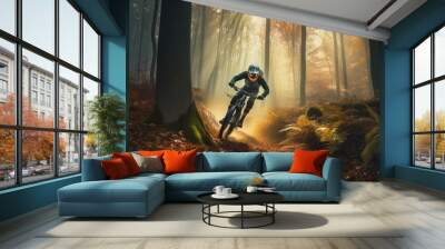 Mountainbiker rides in autumn forest. Created with generative AI. Wall mural