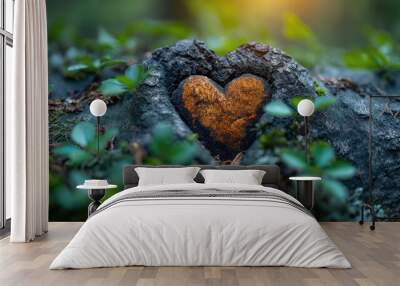 Natural heart formed in the tree trunk in vibrant green forest. Valentine day background. Created with generative AI. Wall mural