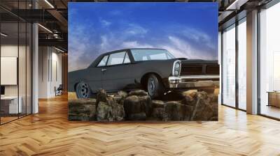 Vintage car at sunset. 3d rendering	 Wall mural