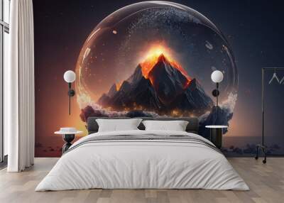 Volcano inside a mystical glass crystal ball. Created with Generative AI. Wall mural