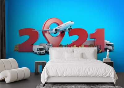 world wide cargo transport concept. 2021 New Year sign. 3d rendering Wall mural