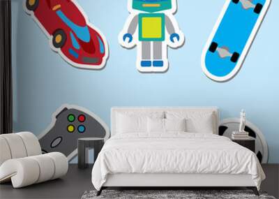 Illustration of an icons of toys, trolley, robot, video game, skate, ball, teddy bear. Ideal for catalogs, information and institutional and educational material Wall mural