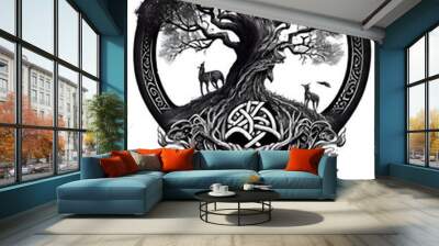 Viking world tree Yggdrasil in Art black drawn in Charcoal Ink and Pencil Wall mural