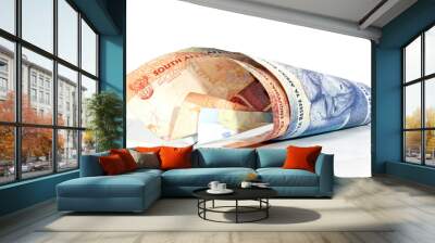 Two Coiled South African Bank Notes on White Wall mural