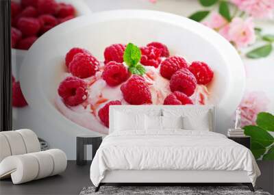 Creamy curd mousse with raspberries. Healthy breakfast. Wall mural