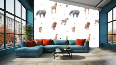 Kids animals pattern. Hand drawn seamless ornament with animals and polka dot on white background. African fauna: lion, zebra, meerkat, elephant, giraffe Wall mural