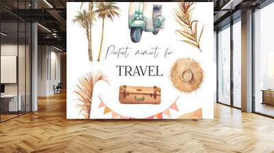 Time to travel illustration. Watercolor summer vacation set. Isolated recreation items isolated on white background: scooter, palm trees, garland, hat, sunglasses Wall mural