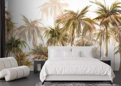 Tropical forest seamless border. Watercolor repeating wallpaper design. Palm trees jungle scene. Hand painted background Wall mural